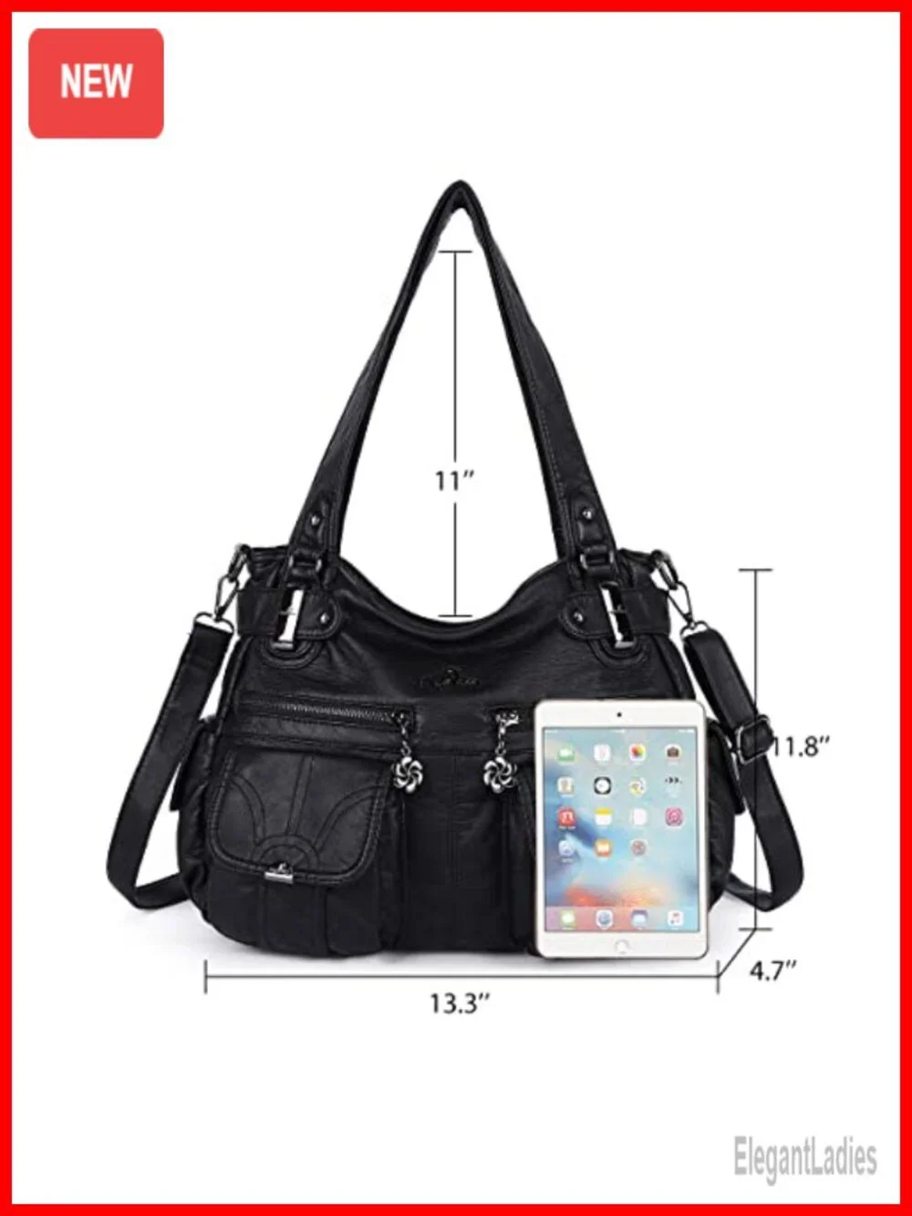 Washed PU Leather Satchel Handbag Double Zipper Multi Pocket Shoulder Bag